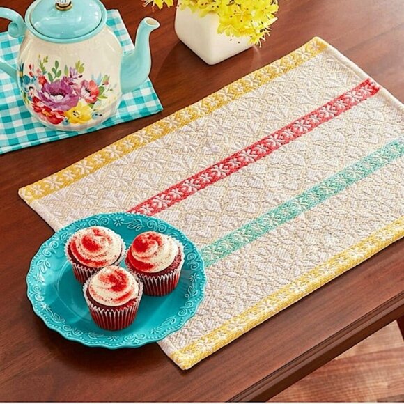 The Pioneer Woman Multi Stripe Fabric Placemats Farmhouse Rectangle 4 Piece Set - Picture 1 of 16